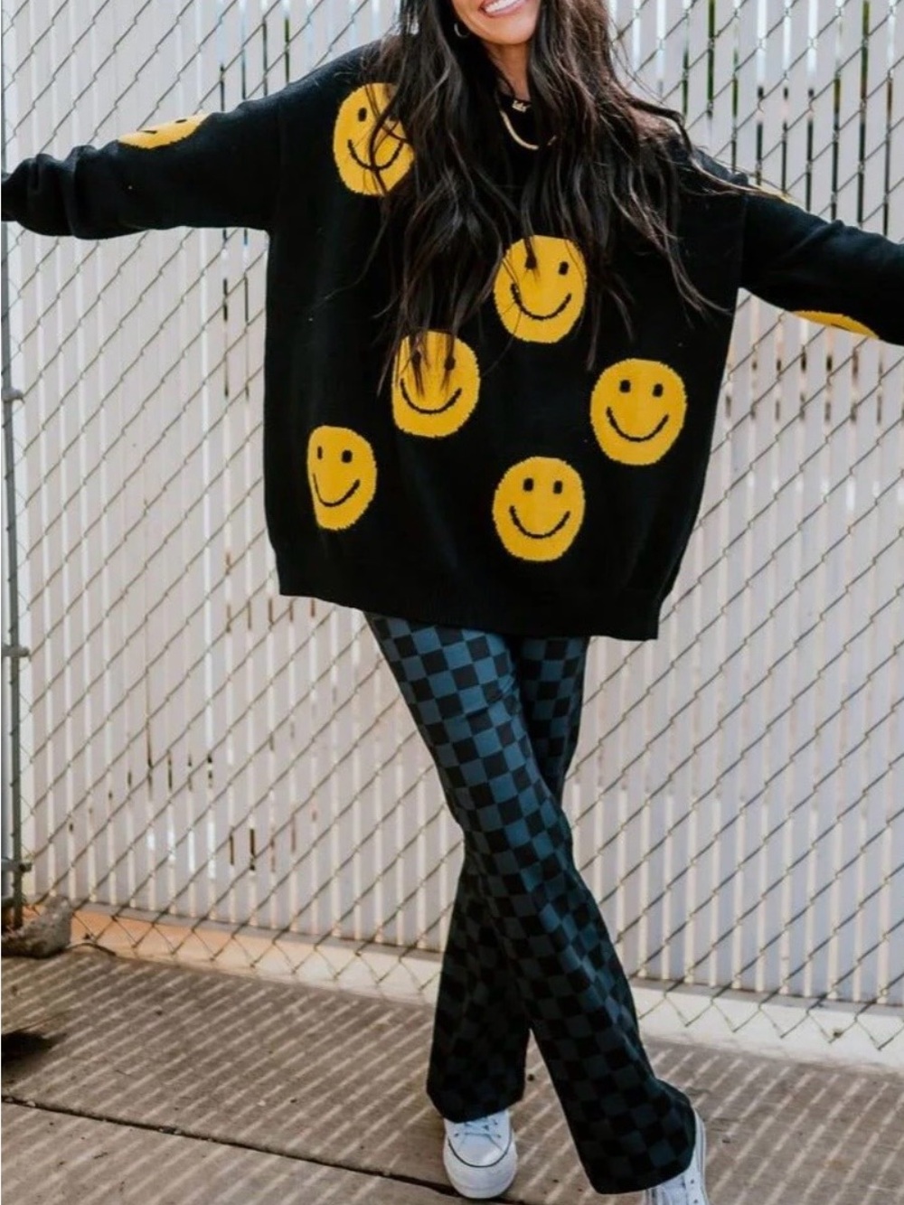 Dressed in LALA Black Sweater with Yellow Smiley Faces